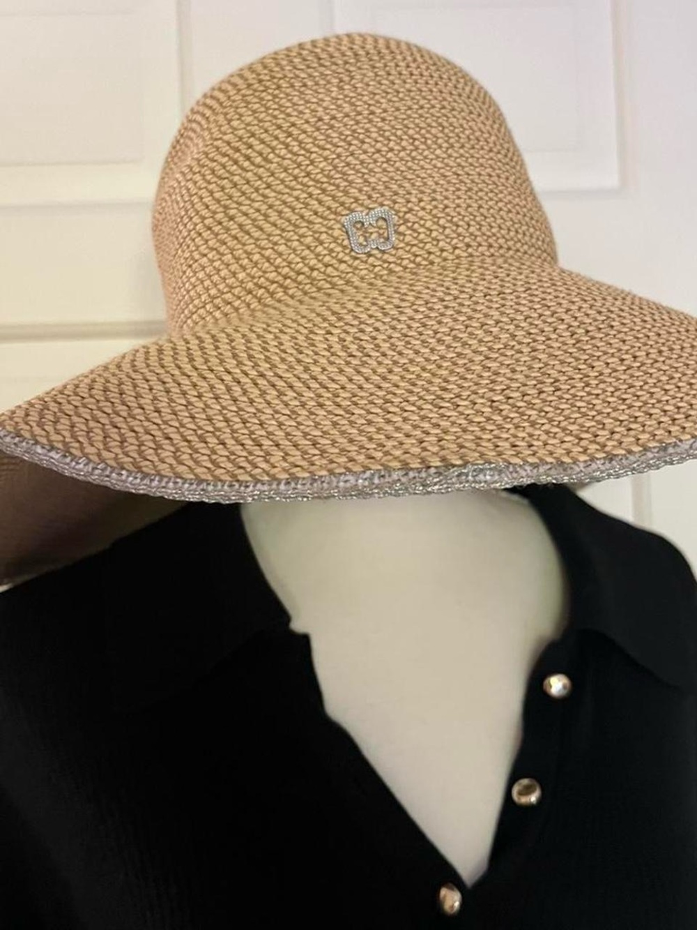 Straw Sun Hat with Silver Trim - Beige